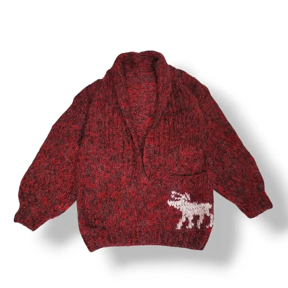 Vintage Hand Knitted Oversized V-neck Wool Knit Reindeer Sweater in Red L/XL
